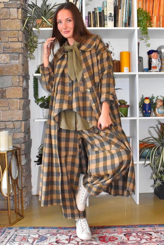 Nora Brushed Cotton Gingham Trapeze Waistcoat Deep Olive
